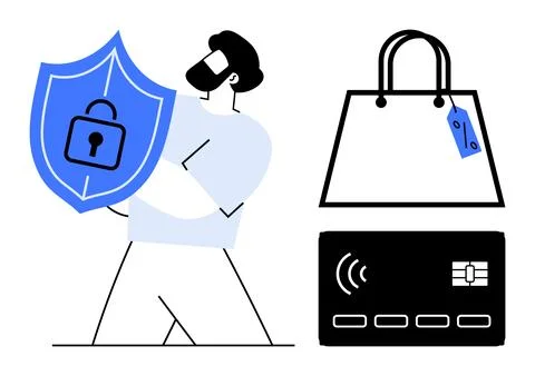 Man Holding Shield Symbolizing Security, Shopping Bag Signifying Retail, an.. Stock Illustration