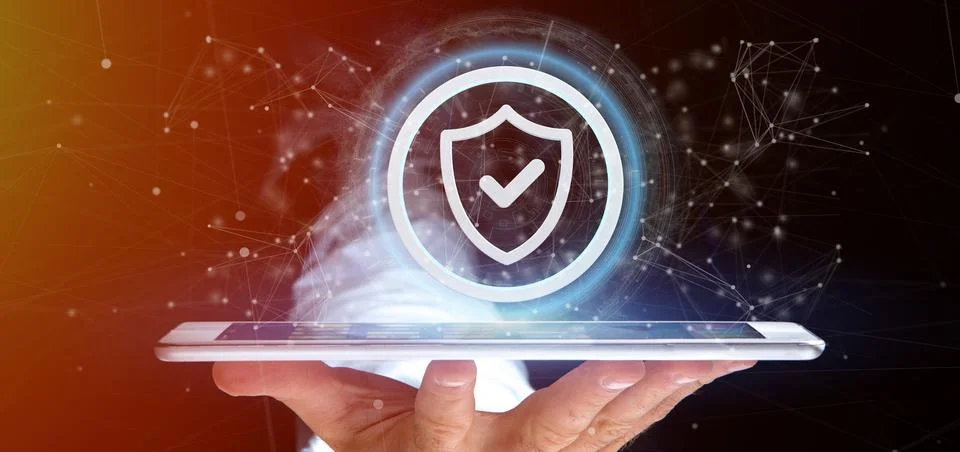Man holding a Shield web security concept 3d rendering Stock Photos