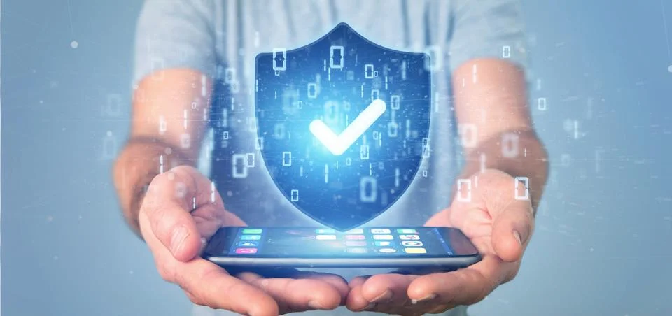 Man holding a Shield web security concept 3d rendering Stock Photos
