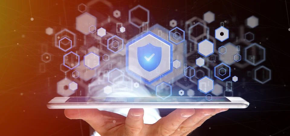 Man holding a Shield web security concept 3d rendering Stock Photos