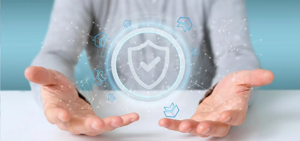 Man holding a Shield web security concept 3d rendering Stock Photos