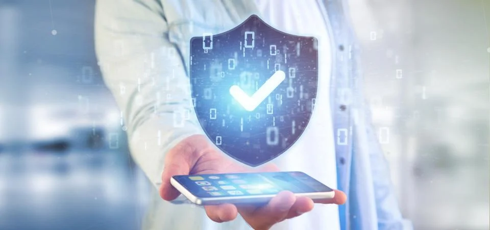 Man holding a Shield web security concept 3d rendering Foto stock