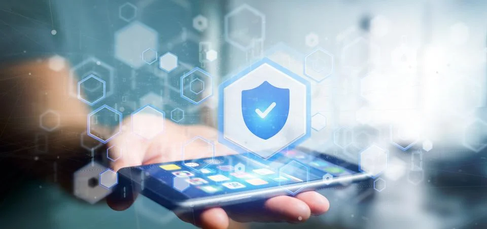 Man holding a Shield web security concept 3d rendering Foto stock