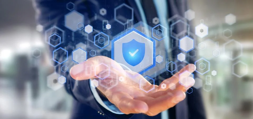 Man holding a Shield web security concept 3d rendering Stock Photos