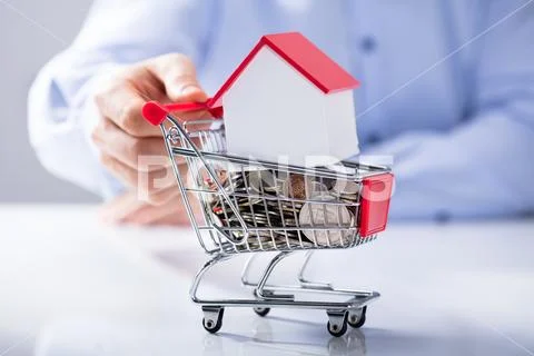Man Holding Shopping Cart Filled With Coins And House Model Stock Photos