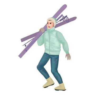 Man holding ski and poles on shoulder. Vector illustration Stock Illustration
