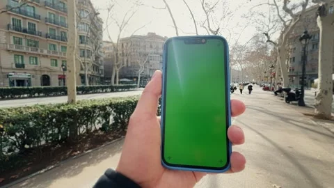 Man holding smart phone vertical or portrait orientation. Tourist walking at the Stock-Footage 271619976