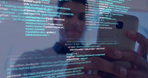 Man holding smartphone adjusting grip while checking screen in mirror, tech code Stock Footage 332296385