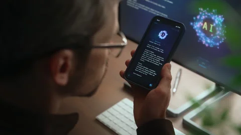 Man holding smartphone with AI chatbot app, using personal virtual assistant. Stock Footage 341679989