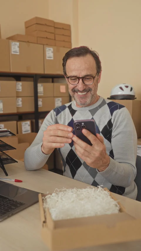 Man holding smartphone and smiling while handling a package in a building o.. Stock Footage 337442387