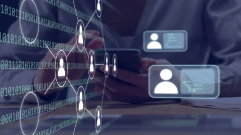 Man holding smartphone and tapping, activating network and profile cards around Stock Footage 335731876