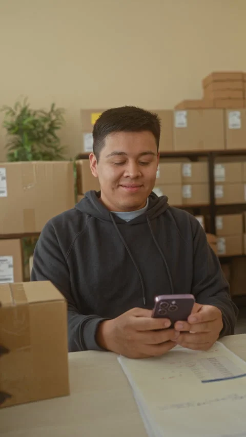 Man holding smartphone and tapping screen at parcel workstation surrounded .. Video stock 337353832