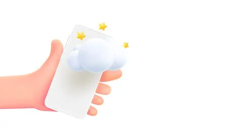 Man holding smartphone with cloud. 3d banner with copy space Illustrazione stock