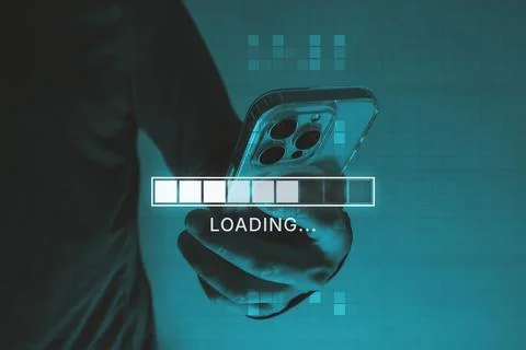 Man holding a smartphone with a digital loading bar and progress indicator .. Stock Photos