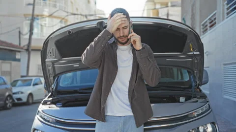 Man holding smartphone to ear by open car hood on a street inspecting the e.. Stock Footage 337366357