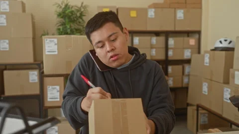 Man holding smartphone to ear writes parcel with red pen using right hand i.. Video stock 337354032