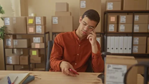Man holding smartphone with hand to cheek among stacked boxes and shelving .. Stock Footage 337376545