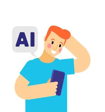 Man holding a smartphone, looking curious, with an AI symbol nearby  symbol.. Stock Illustration