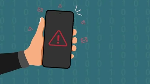 Man holding a smartphone with red triangle caution warning sign for notific.. 스톡 동영상 281814036