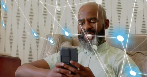 Man holding smartphone scrolling screen, animating tech network nodes Stock Footage 317733522
