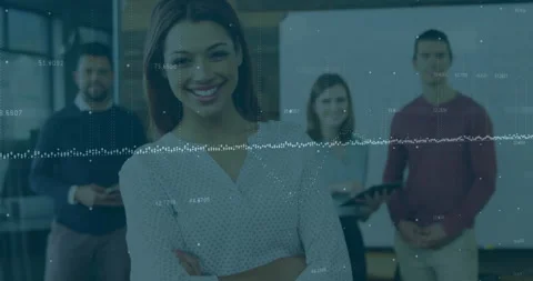 Man holding smartphone sending data and activating waveform behind presenting Stock Footage 313704265