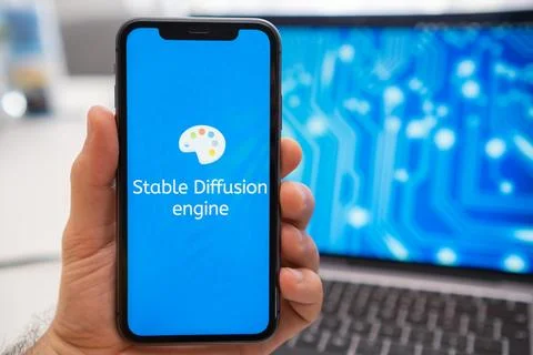 A man is holding a smartphone with a Stable Diffusion engine logo on the screen. 写真素材
