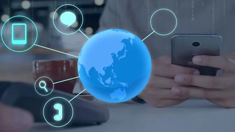 Man holding smartphone at table tapping screen generating AR globe with network Stock Footage 335255230