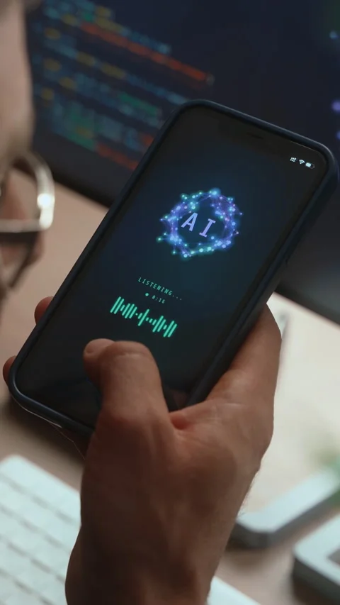Man holding smartphone, using AI personal assistant app on phone and computer Stock Footage 341681064