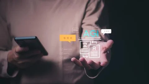 A man holding a smartphone with a virtual AGI icon and translation symbols,.. Stock Photos