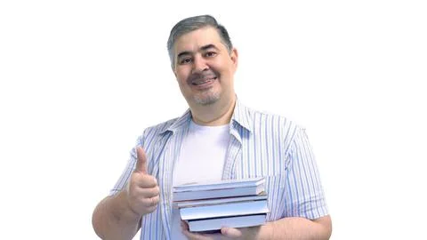 Man Holding Stack of Books with Thumbs Up on White Background Stock Photos