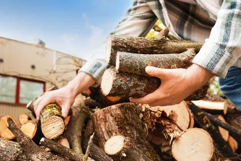 Man holding a stack of chopped wood logs and firewood in his hands. Concept.. Stock Photos