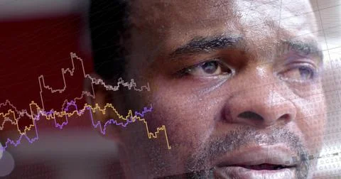 Man holding steady gaze while animated tech charts appearing by cheek, guiding Stock Photos