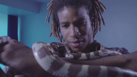 Man holding still while snake slithers around him Stock-Footage 126054386