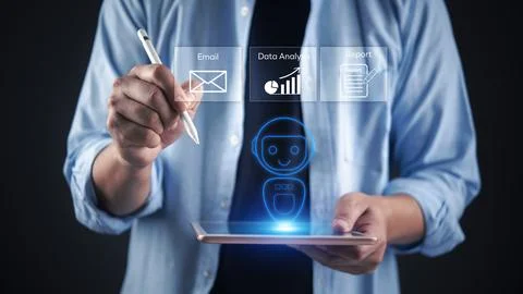 Man holding tablet with AI robot assistant hologram manage tasks including .. Stock Photos