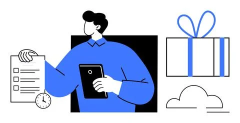 Man holding tablet and checklist with clock icon, next to gift box and cloud. Stock Illustration