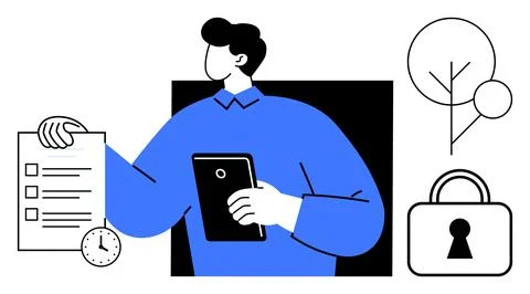 Man holding tablet and checklist with clock indicating time management, tree  Stock Illustration