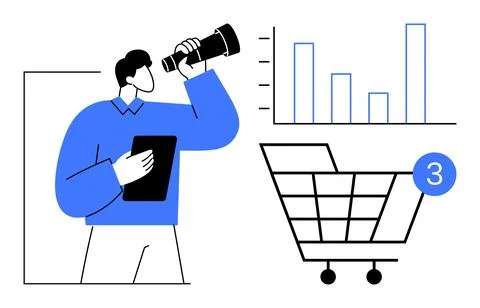 Man holding a tablet and looking through a telescope, a shopping cart with a  Stock Illustration