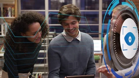 Man holding tablet and showing content to team in tech office animated blue UI Stock Footage 333803460