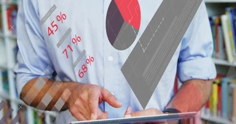 Man holding tablet and tapping by shelves, causing % updates, pie charts, map Stock Footage 330540856