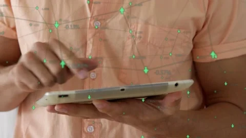 Man holding tablet and tapping screen, initiating tech data overlay mapping Stock Footage 334000116