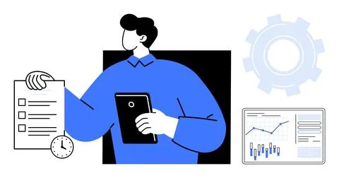 Man holding a tablet with checklist, clock, and graphs representing data anal Stock Illustration