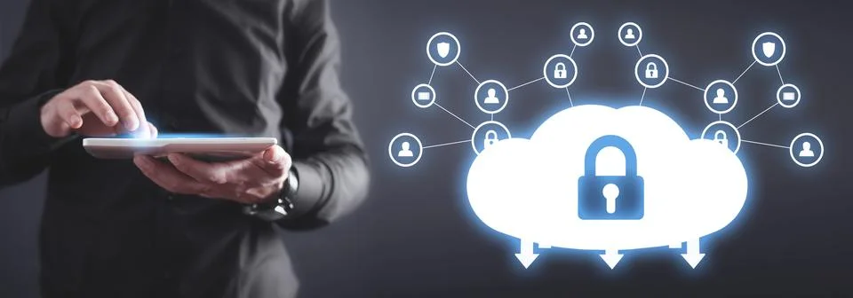 Man holding tablet. Cloud computing. Security Stock Photos