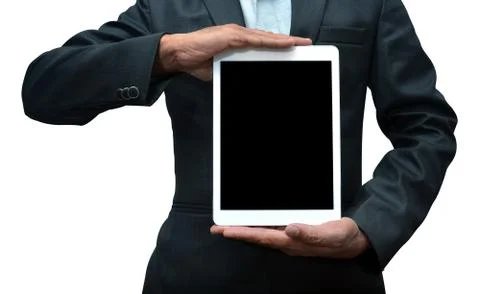 Man-Holding-Tablet-Computer-Front-View-Professionally Foto stock