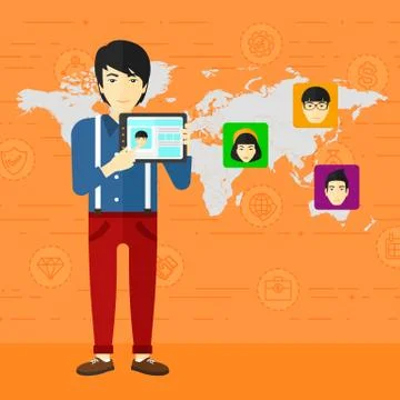 Man holding tablet computer with social media source 스톡 일러스트