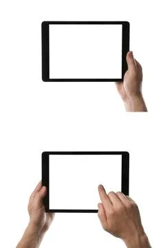 Man holding tablet computer on white background, closeup 스톡 사진