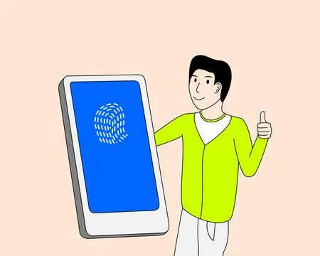 Man is holding a tablet with a fingerprint on the screen Stock Illustration