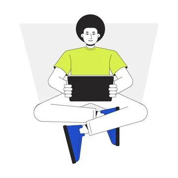 Man holding tablet flat line vector spot illustration 스톡 일러스트