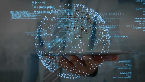 Man holding tablet floating code snippets starting 3D sphere forming above Stock Footage 313553372