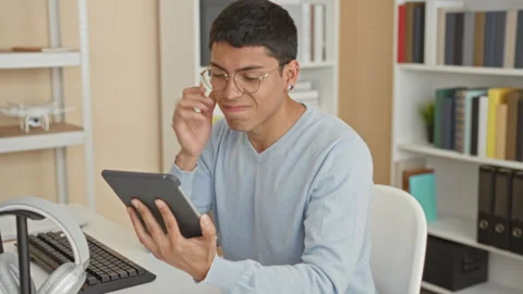 Man holding tablet with hand on chin while reading at desk in building, sur.. Stock Footage 337431557