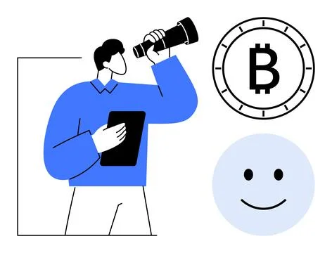 Man holding a tablet, looking through a telescope towards a Bitcoin symbol an Stock Illustration